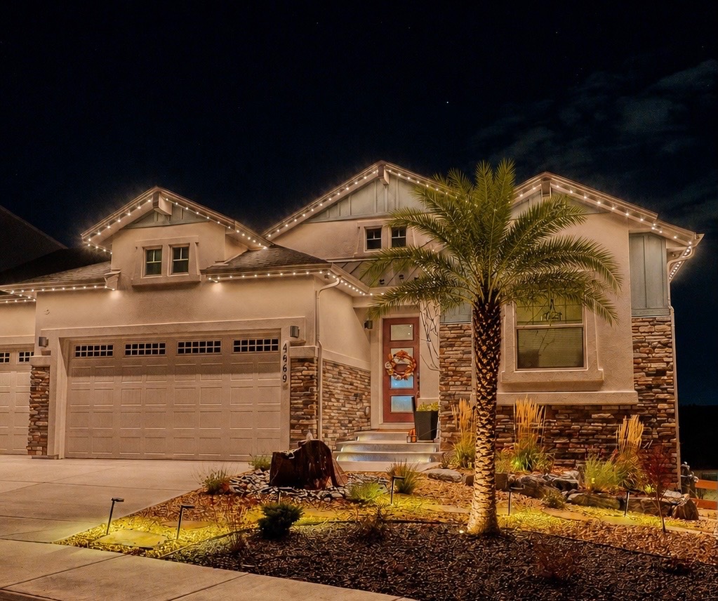 Home with permanent roofline lighting and lit palm tree at night
